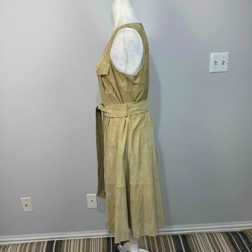 Lauren Ralph Lauren 100% Goat Suede Belted Sleeveless Dress Faux‎ Wrap Tan Sz 10